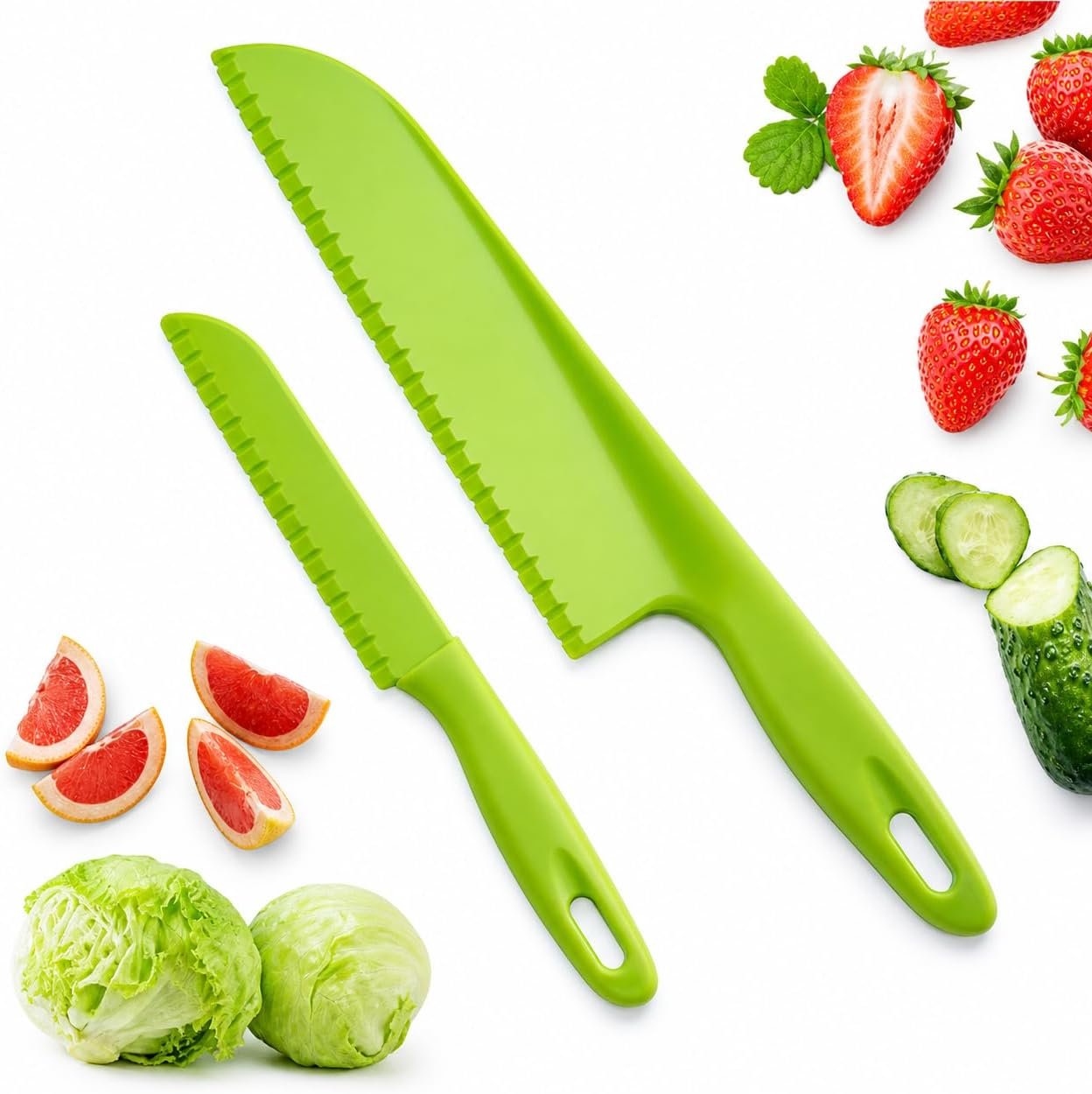 Green Plastic Knife Set – 11″ Large and 8.7“ Small Utility Knives Combo for Kitchen, Food Prep & Picnic Use – Lightweight, Reusable, Safe for Kids – BPA-Free, Serrated Plastic Cutter for Fruits &Cake