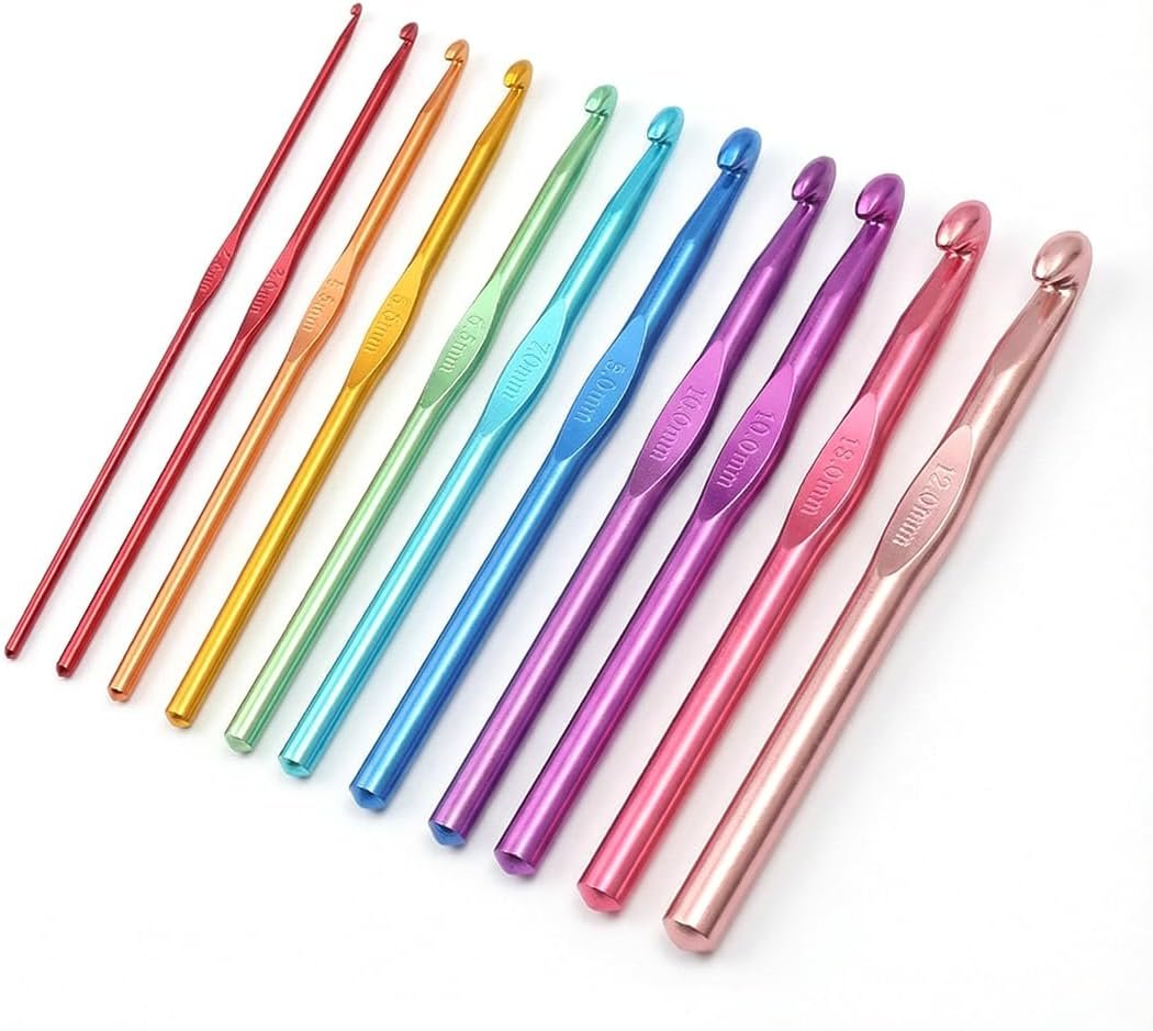 12-Piece Aluminum Crochet Hook Set, Sizes 2.0mm to 10.0mm