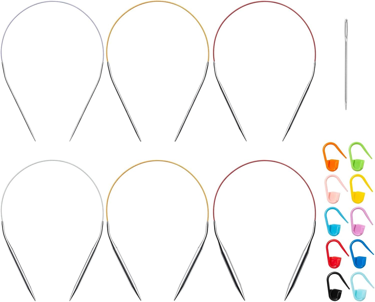 16 inch Stainless Steel Circular Knitting Needles Set for Beginners, 6 PCS US Size 0 2.5 6 8 10 11 Metal Round Knitting Needles with Magic Loop, Fixed Circle Needles for Hats, Socks, Baby Booties