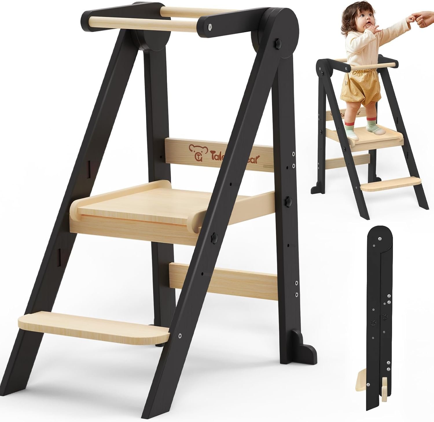 Foldable Toddler Kitchen Stool Helper, Toddler Standing Tower with 3 Adjustable Heights, Collapsible Wooden Step Stool for Kitchen & Bathroom, Montessori Learning Helper Tower for Toddlers Aged 1-6