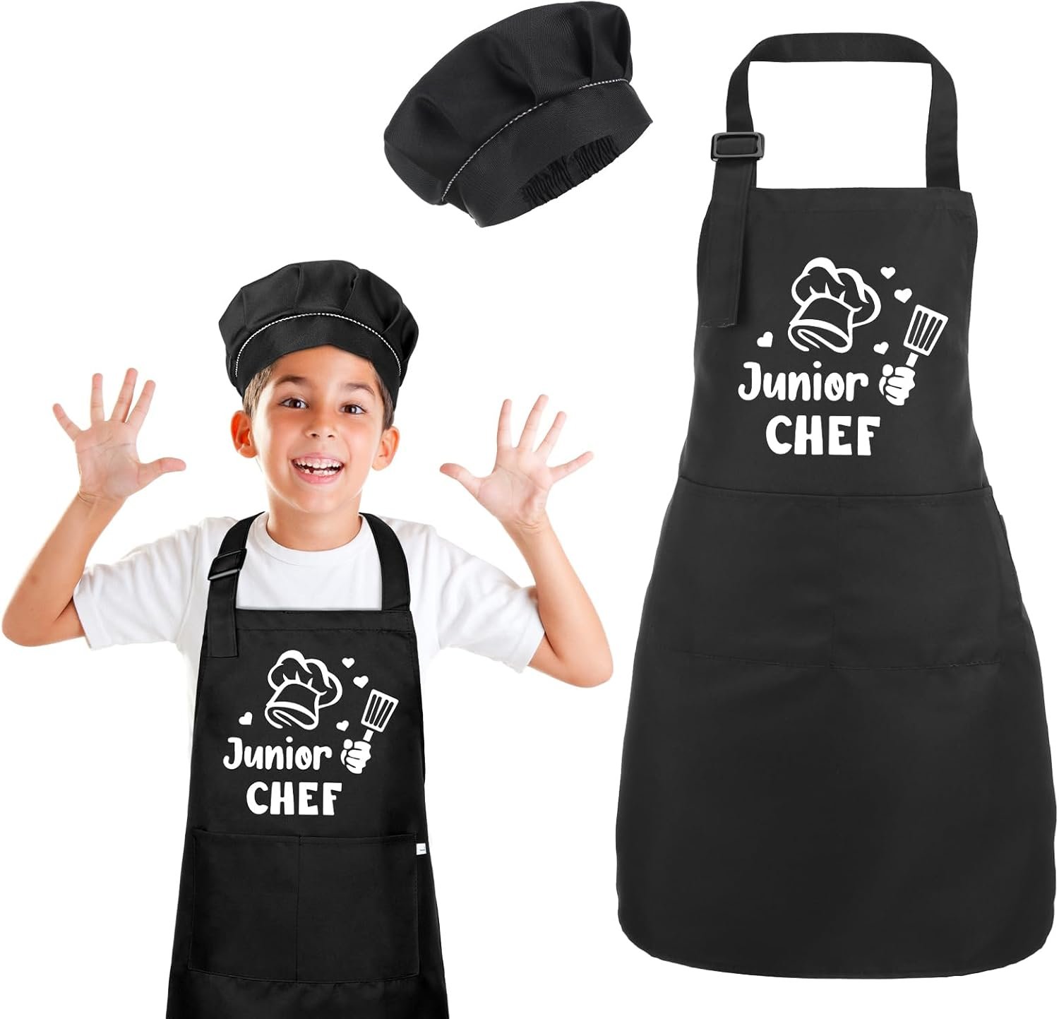 Auidy_6TXD Kids Apron and Chef Hat Set, Funny Apron (Junior CHEF) Adjustable Child Apron with 2 Pockets Waterproof Chef in Training Gifts for Boys and Girls 64 x 45 cm