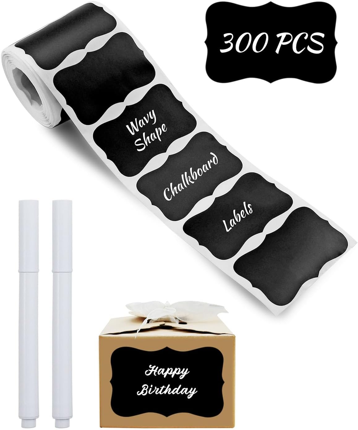 300 PCS Wavy Shape Chalkboard Labels, Erasable Reusable Blackboard Stickers with 2 Liquid Chalk Pens for Jars, Spice, Craft, Home, Kitchen, Parties Decoration, Craft Rooms, Weddings