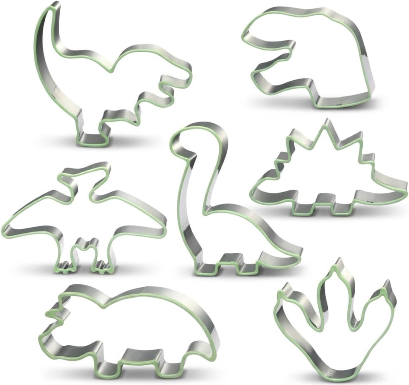 LUBTOSMN New 7 Piece Dinosaur Cookie Cutters Set with Silicone Protective Rim, Dishwasher Safe Stainless Steel Cookie Cutters for Cookies, Fondant, Sandwiches, Biscuits, Pancakes and Pastries