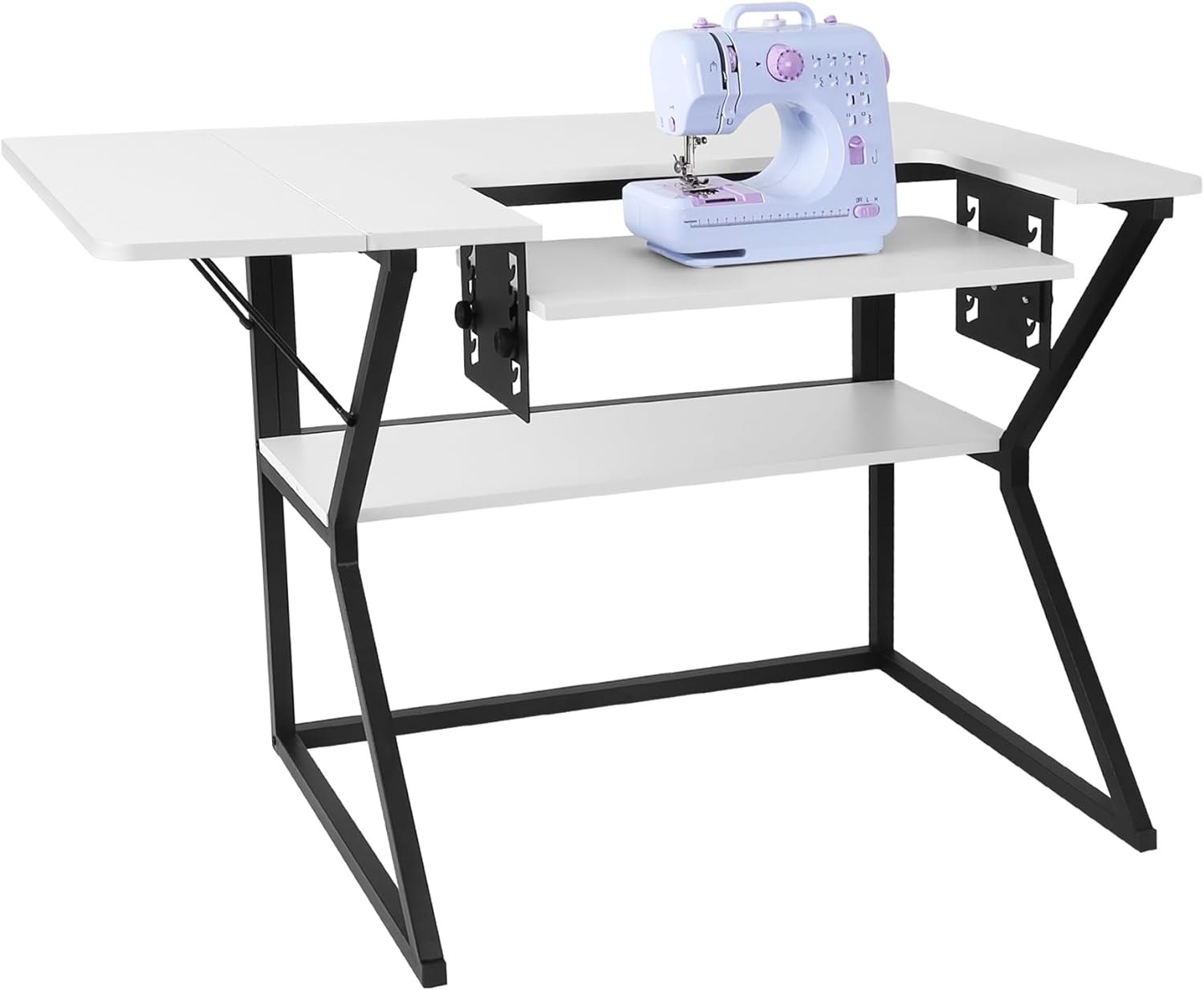 Vividwood Sewing Table, Large Sewing Machine Table with Adjustable Platform and Storage Shelf – White