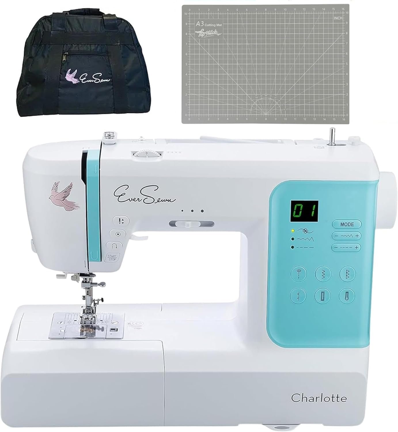 EverSewn Charlotte Computerized Sewing Machine – 80 Stitch Quilting & Sewing Machine Bundle with Rotary Cutting Mat & Black Tote Bag – Beginner-Friendly