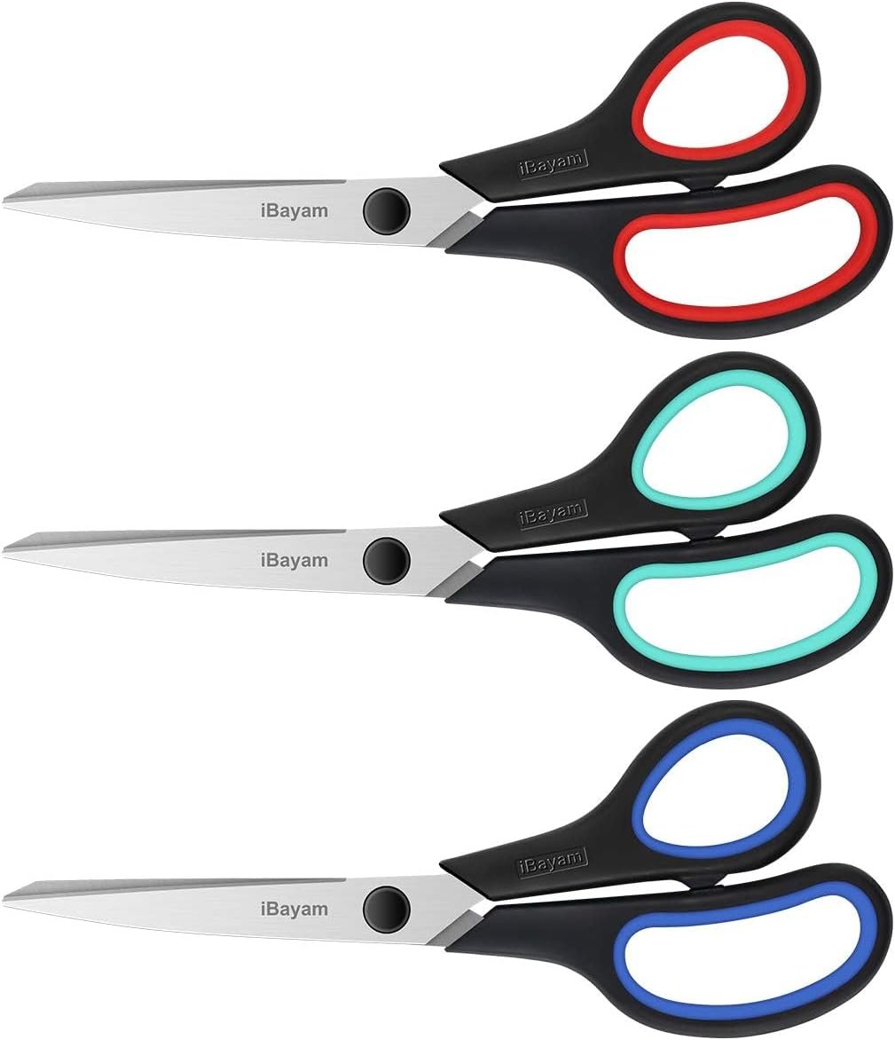 iBayam 3-Pack 8″ Heavy Duty Scissors with Ultra Sharp Blades and Comfort Grip Handles – For Office, Home, School, Sewing, and Crafts