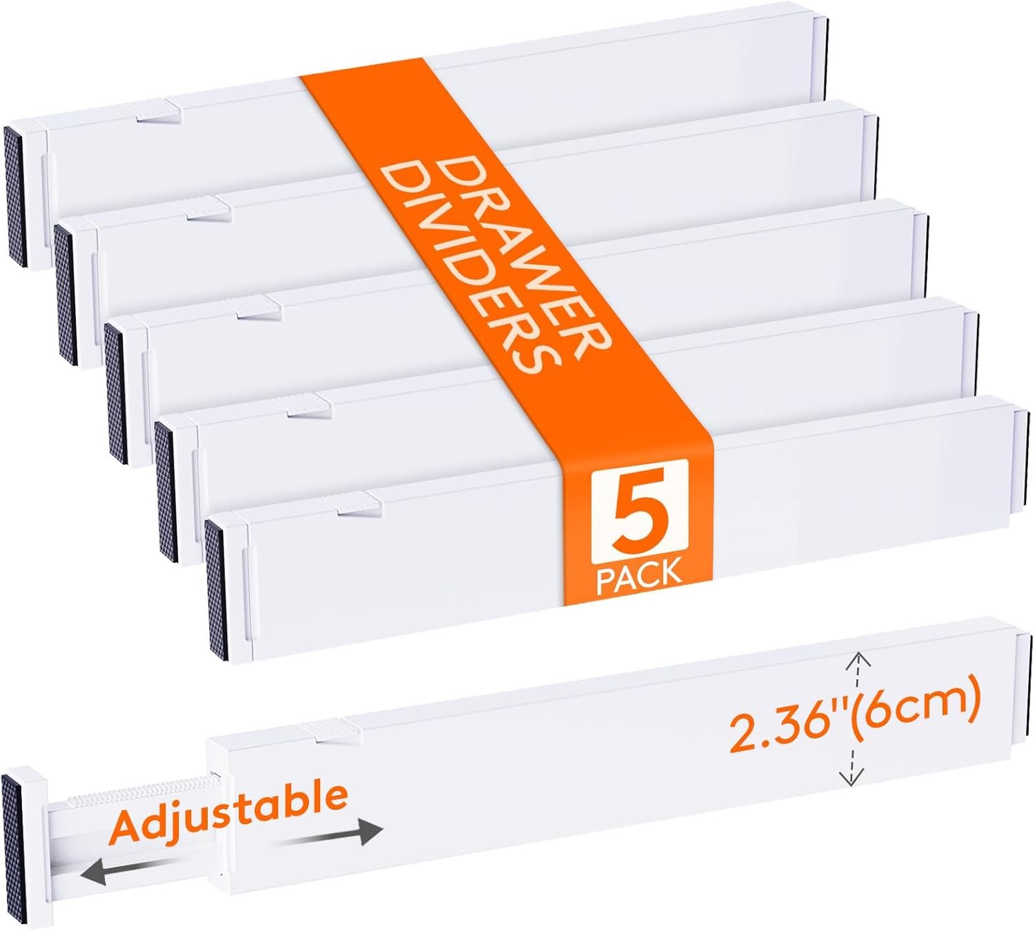 Lifewit 5 Pack 2.36″ High Drawer Dividers 40-56cm/16-22 Adjustable Drawer Organizer for Clothes/Utensils, Expandable Drawer Separator in Dresser/Kitchen/Bedroom/Office Organization & Storage White