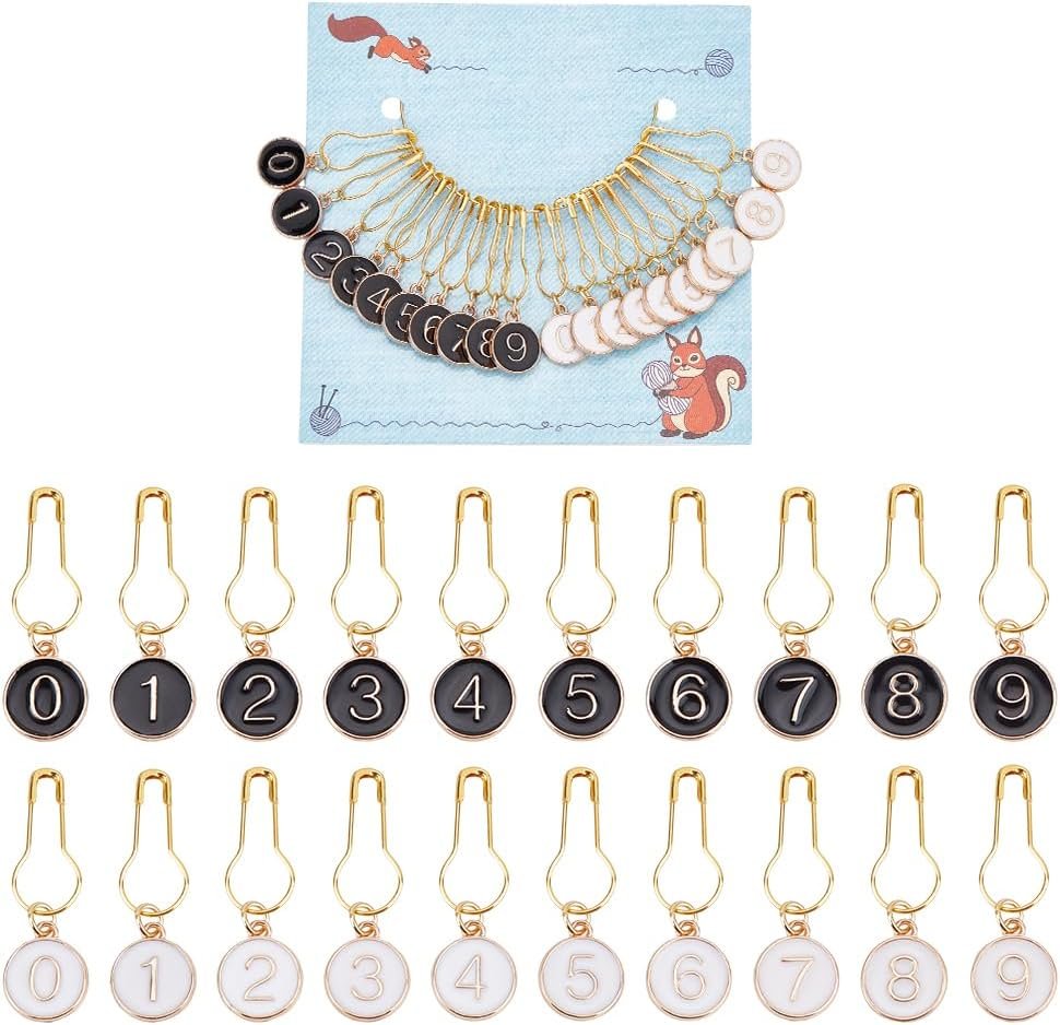 NBEADS 20 Pcs 0-9 Number Stitch Markers, 2 Colors Crochet Markers Alloy Enamel Locking Stitch Needle Clip for Knitting Weaving Sewing Accessories Jewelry Making