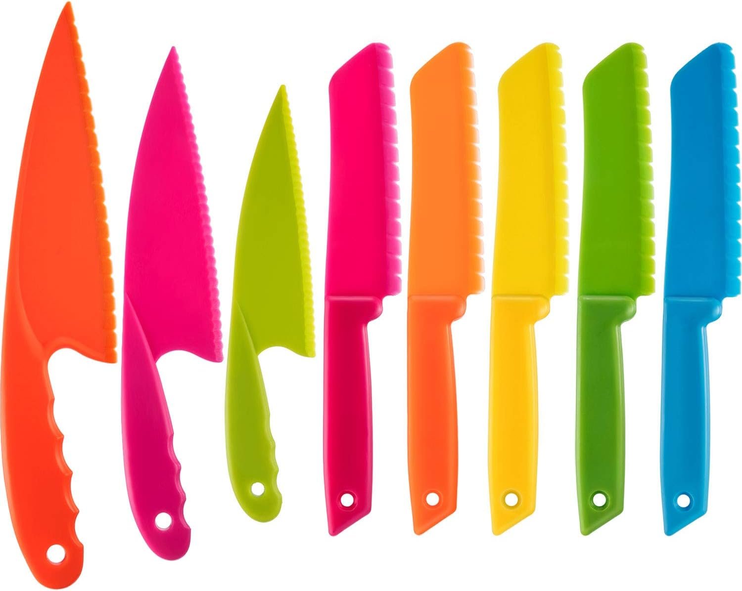 JOVITEC 8 Pcs Kid Cooking Kitchen Knife Set, Plastic Serrated Edges Children’s Safe Chef Nylon Knives for Cutting Fruit Bread Cake Salad Lettuce Kids Cooking Supply(Multi Colors Square Knife)
