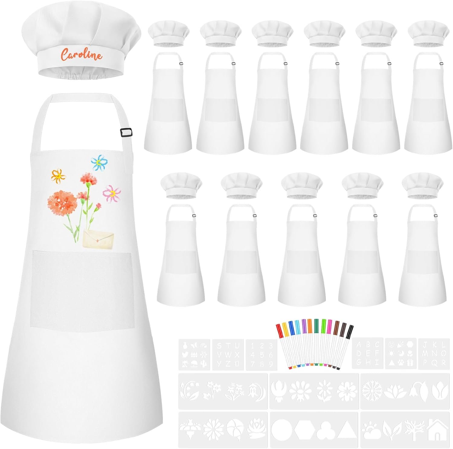 12 Sets Kids Apron and Chef Hat Set Adjustable Toddler Apron with Colored Pen Template for Baking Painting Crafts