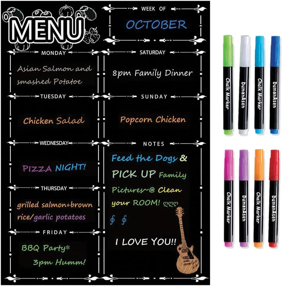 Magnetic Menu Board for Fridge, LiebHome Dry Erase Weekly Menu Planner/Family Calendar 16″ x 12″ with Grocery List and Notes (Black with 8 Markers)