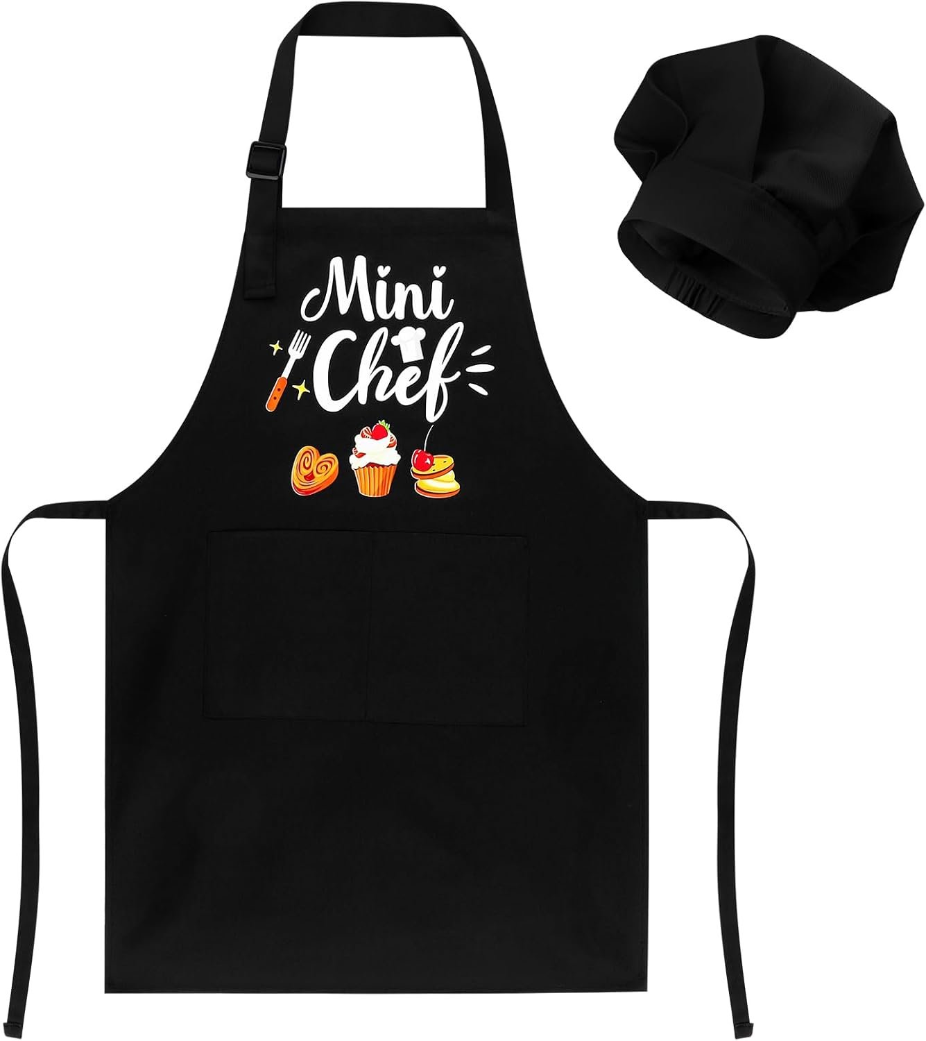 Kids Apron and Chef Hat Set, “Mini Chef” Funny Apron Adjustable Kitchen Apron for Boys and Girls