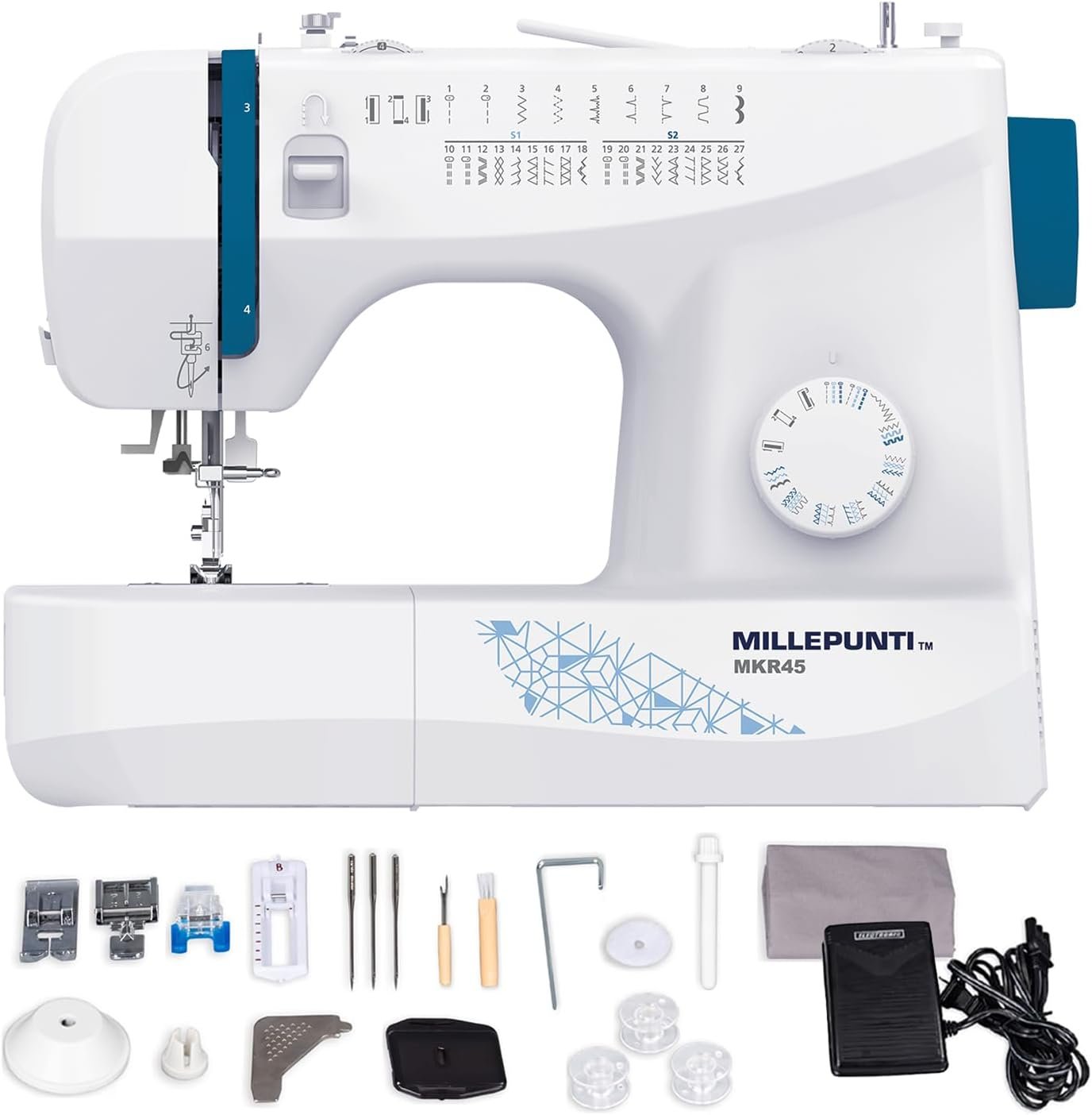 MILLEPUNTI MKR45 25 Built-in Stitches Beginner Sewing Machine, 4 Included Feet & Accessory Kit, Automatic Needle Threader, for All Skill Levels, Sewing Machine for Beginners Adult, Quilting
