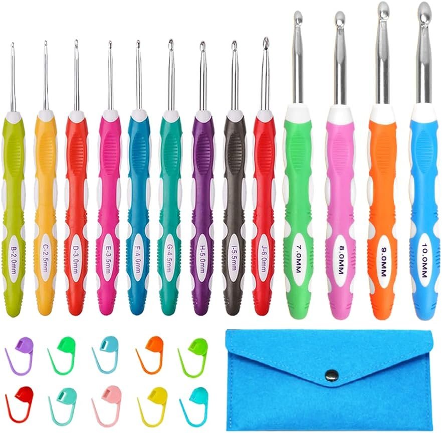 Lewhoo Ergonomic Crochet Hooks Set with Case, 13 Size Crochet Hooks for Arthritic Hands 2.0mm -10.0mm (B-N)
