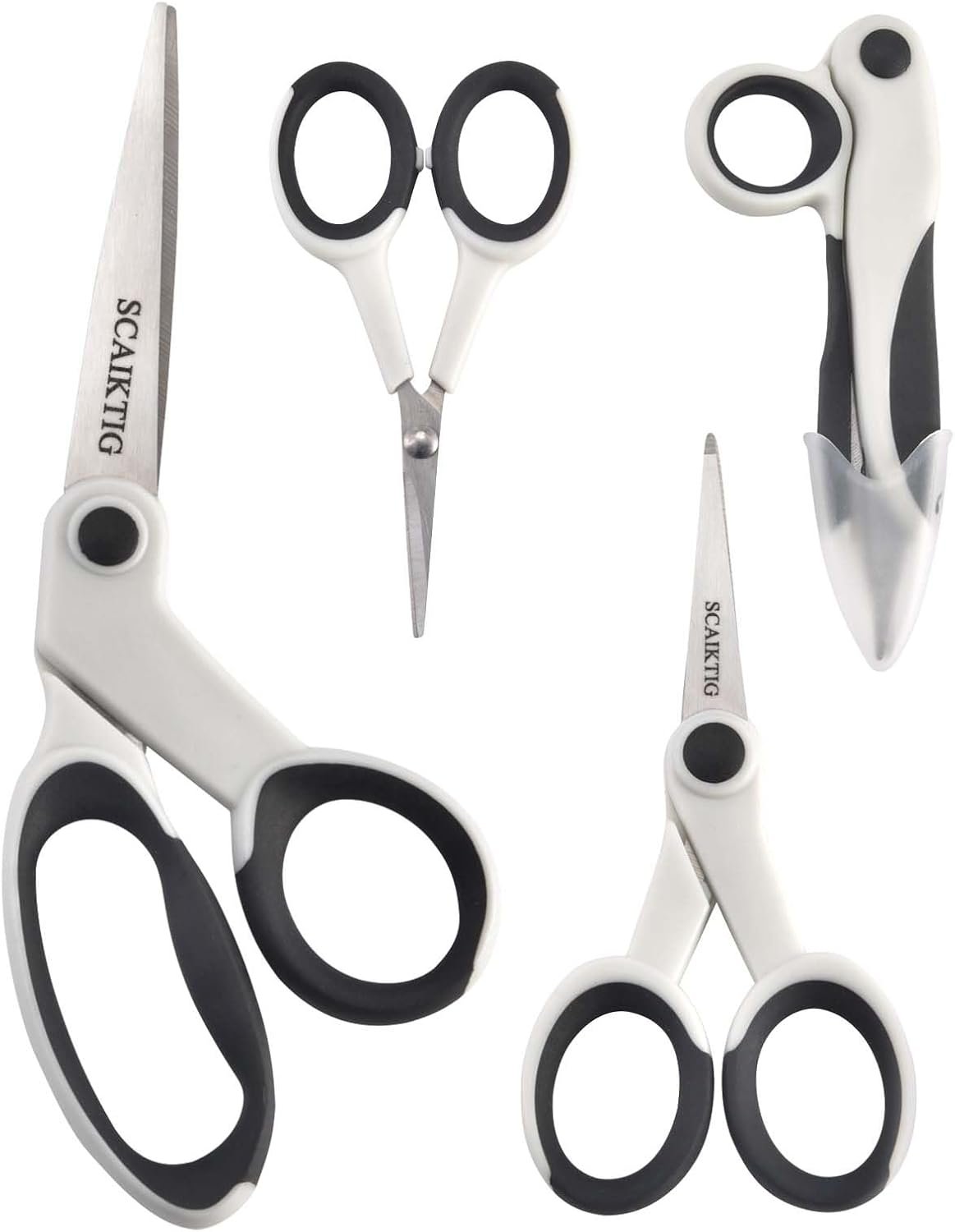 SCAIKTIG Premium Sewing Scissors Bundle, 8″ Heavy Duty Fabric, 5″ Embroidery, 4″ Small Detail Scissors, 5″ Thread Snips, Tailoring, Dressmaking, Quilting, Arts&Craft Supplies, White