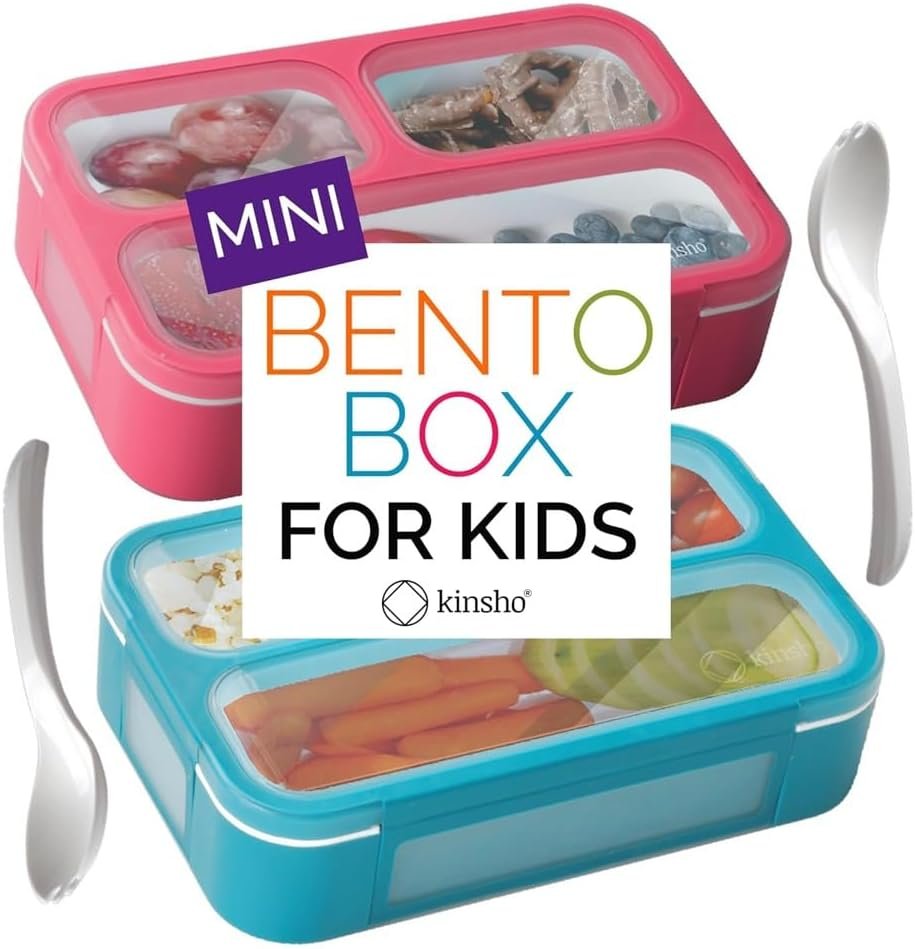 Small Snack Containers for Kids Toddlers – 3 Compartments (Set of 2) – Leak-Proof Reusable Boxes with Lids -BPA-Free Plastic Mini Bento Lunch Box – Ideal for School, Daycare – Holds 2 Cups (Pink+Blue)