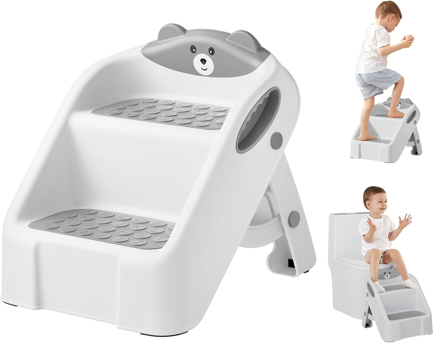 Step Stool for Toddlers, Toddler Step Stool for Bathroom Sink, Foldable Non-Slip Kids Stool with Handle, 2 Step Stools for Kids, Toddler Stool for Kitchen Bedroom Counter Sink (Grey)