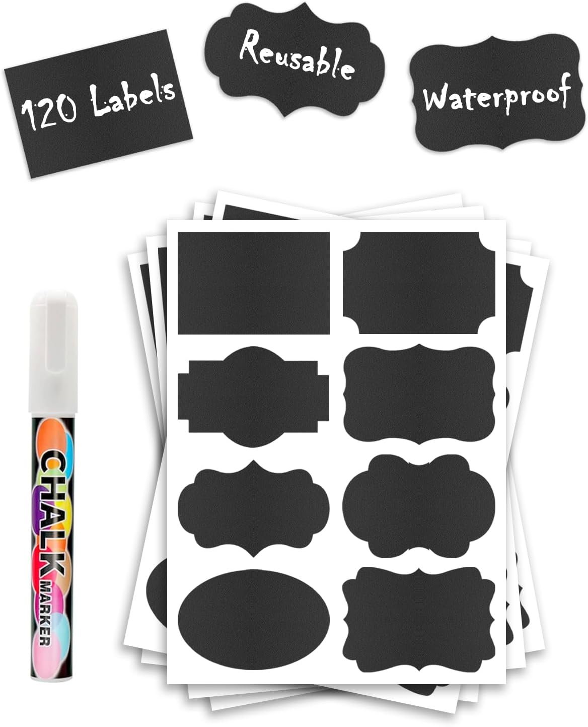 120 Pcs Chalkboard Labels for Storage Bins, Removable Chalk Sticker for Jars Containers Storage Bins, Assorted Shapes – Canning Labels, Bottle Labels, Food Labels Includes Erasable Liquid Chalk Marker