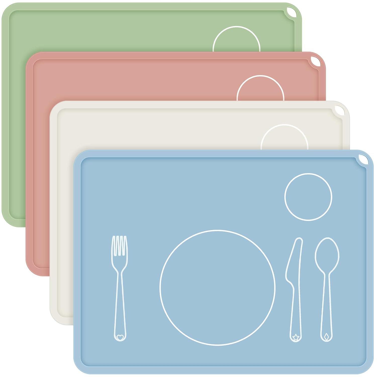 Zhehao 4 Pcs Montessori Kids Placemat 16 x 12” Non Slip Baby Silicone Placemats for Toddlers Baby Eating Mat Food Mats for Toddler Dining Table Setting Learning Travel Kitchen(Neutral Colors)