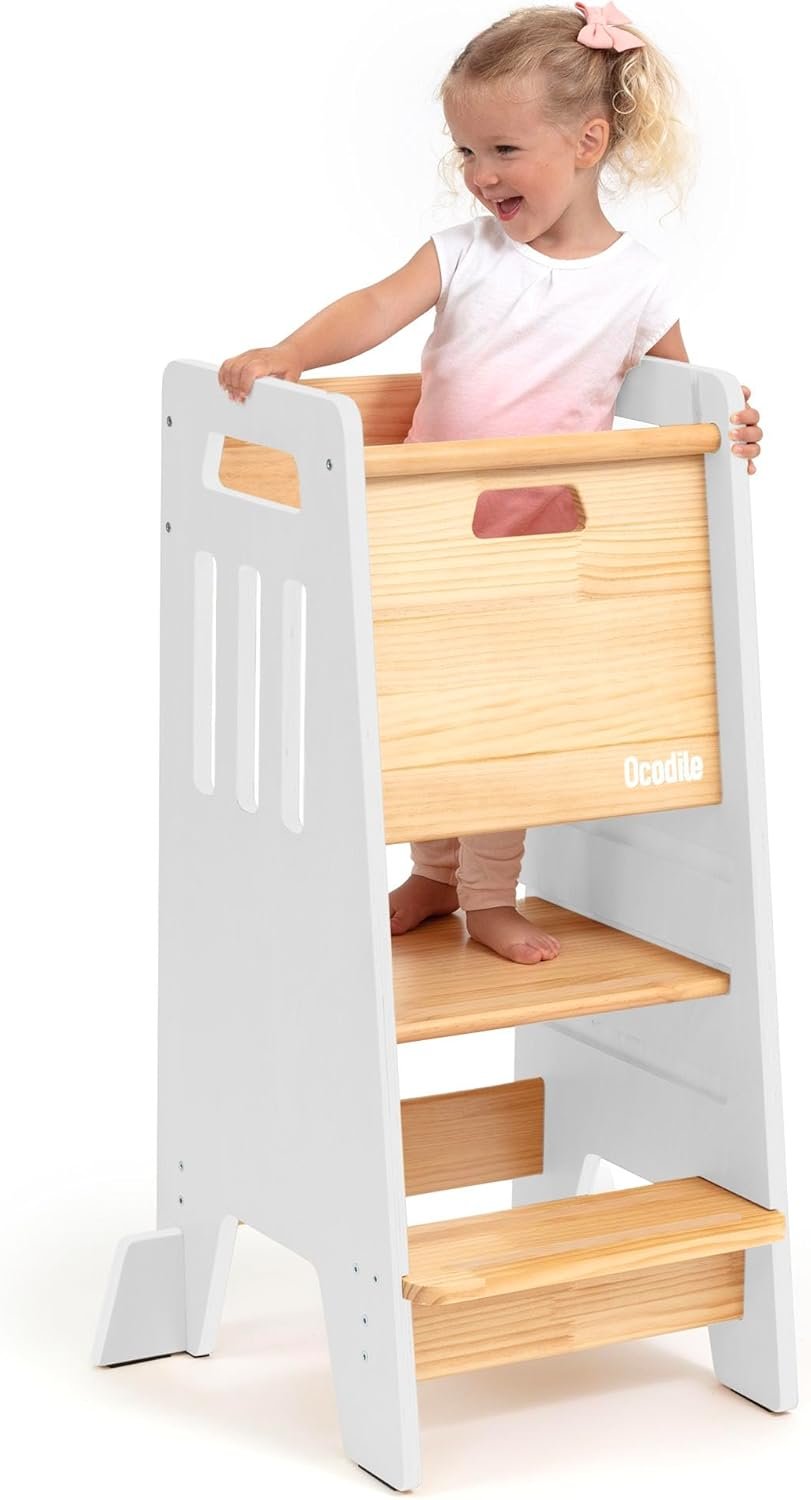 OCODILE Toddler Tower with a Sliding Door and 3 Adjustable Heights – Safe Toddler Kitchen Stool Helper with Support Feet – Updated Design for 18+ Months to 6-Year-Old Kids – White