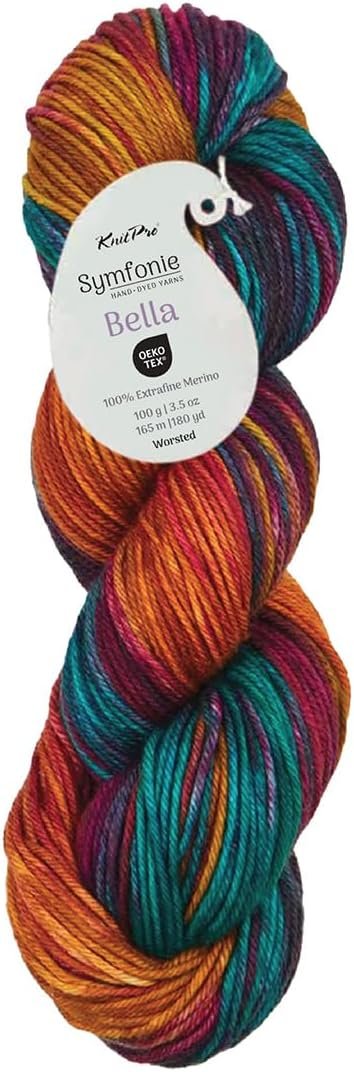 KnitPro Symfonie Hand Dyed Premium Yarn | 100% Extra Fine Merino Wool for Knitting & Crocheting, Worsted Weight, Oeko-TEX Certified, Colorfast Fiber 165m, 100g Skein | Bella Variegated Party Lights