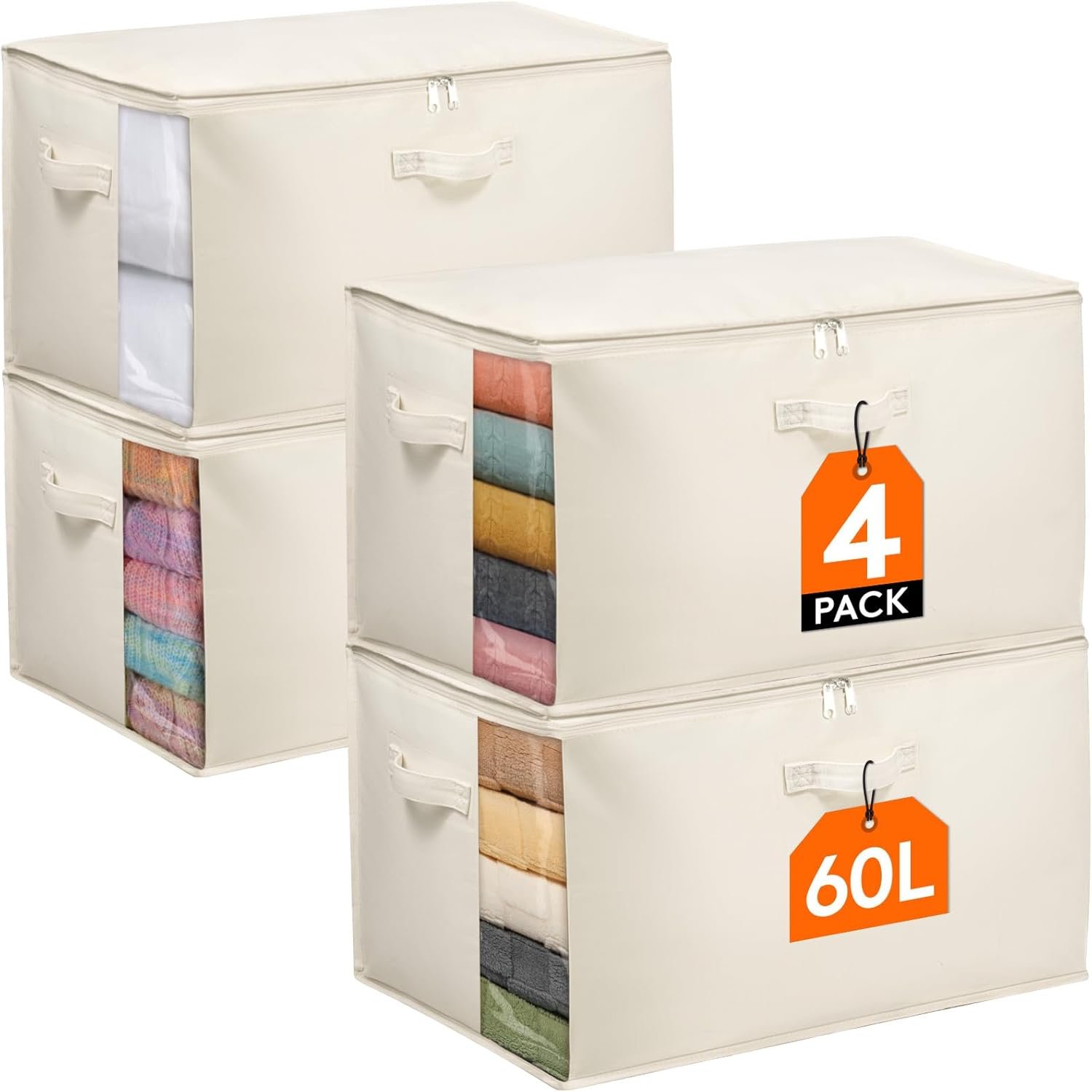 Lifewit Canvas Cotton Comforter Storage Bags with Zipper 4 Pack, 60L Breathable Foldable Clothing Containers, Linen Sweater Organizers Boxes for Clothes, Blankets, Pillows, Duvets, Bedding