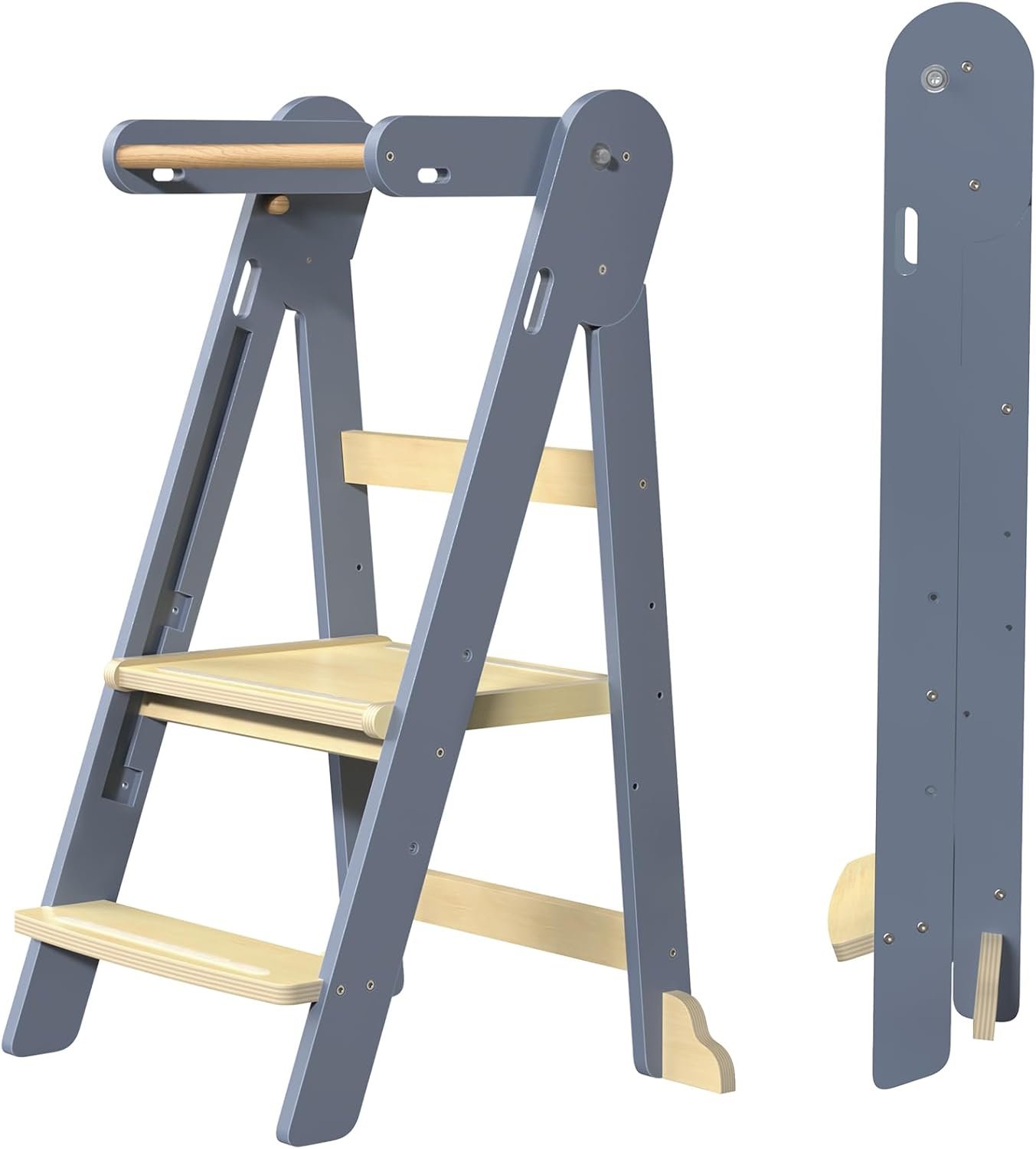 Grownsy Foldable Step Stool Toddler Tower, Toddler Kitchen Stool Helper, Collapsible Kids Standing Tower with 3 Adjustable Heights for Kitchen Bathroom Sink Counter (Blue Gray)