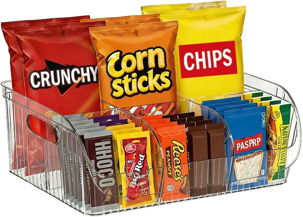 Large Snack Organizer for Countertop, 13.7″×9.3″×6″ Clear Plastic Snack Storage Bin for Kitchen Pantry, 6 Compartment Snack Bar with Dividers for Cabinet, Chip Packet Holder for Office