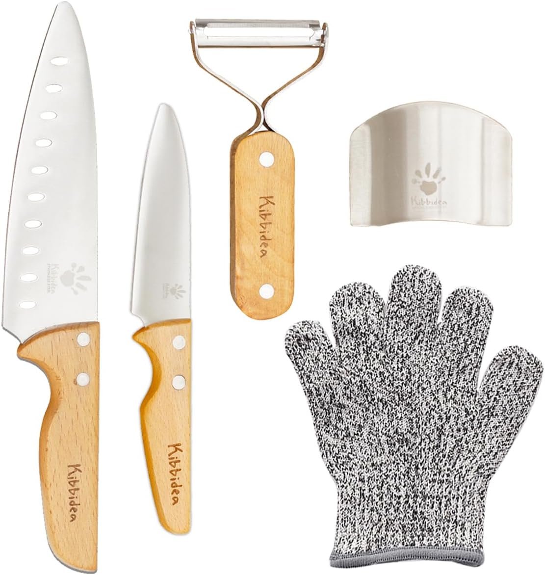 Kibbidea Kids Knife Set for Real Cooking，4-Pieces Kids Kitchen Knives with Stainless Steel Blade, Wooden Handle, Child Friendly Chef Knife for Cutting Chopping, BPA-free Knives for Teenager 8-12