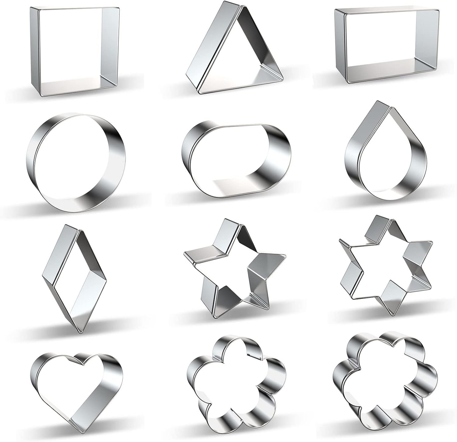 Geometric Classic Shapes Cookie Cutter Set of 12 – Heart, Flower, Star, Circle, Square, Triangle, Rectangle, Oval, Teardrop, Diamond, Star of David Shaped Cookie Cutters Biscuit Mold – Stainless Steel