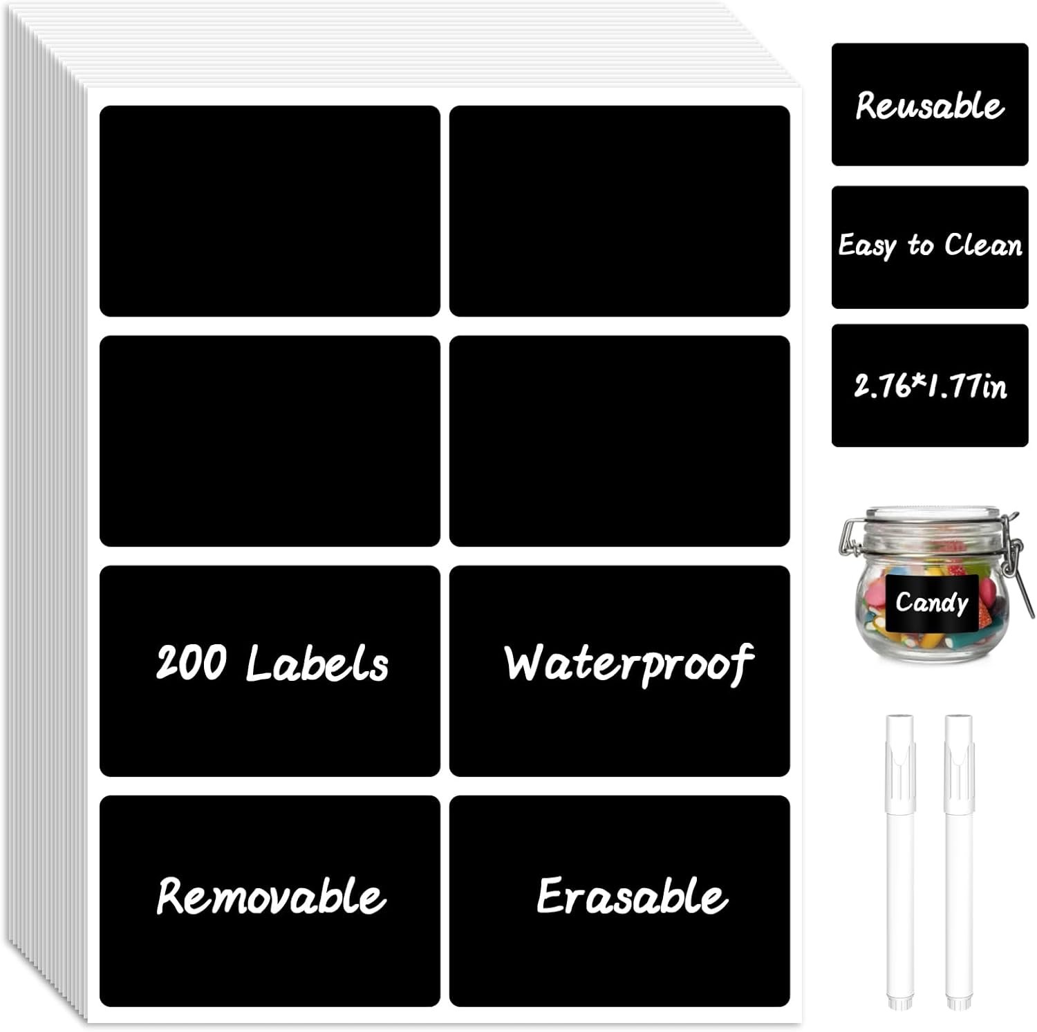 200 Chalkboard Labels, Removable Labels for Storage Bins Food Containers, Waterproof Reusable Blackboard Stickers, Label Stickers with 2 Liquid Chalk Marker for Spice Jars Pantry Mason Bottle