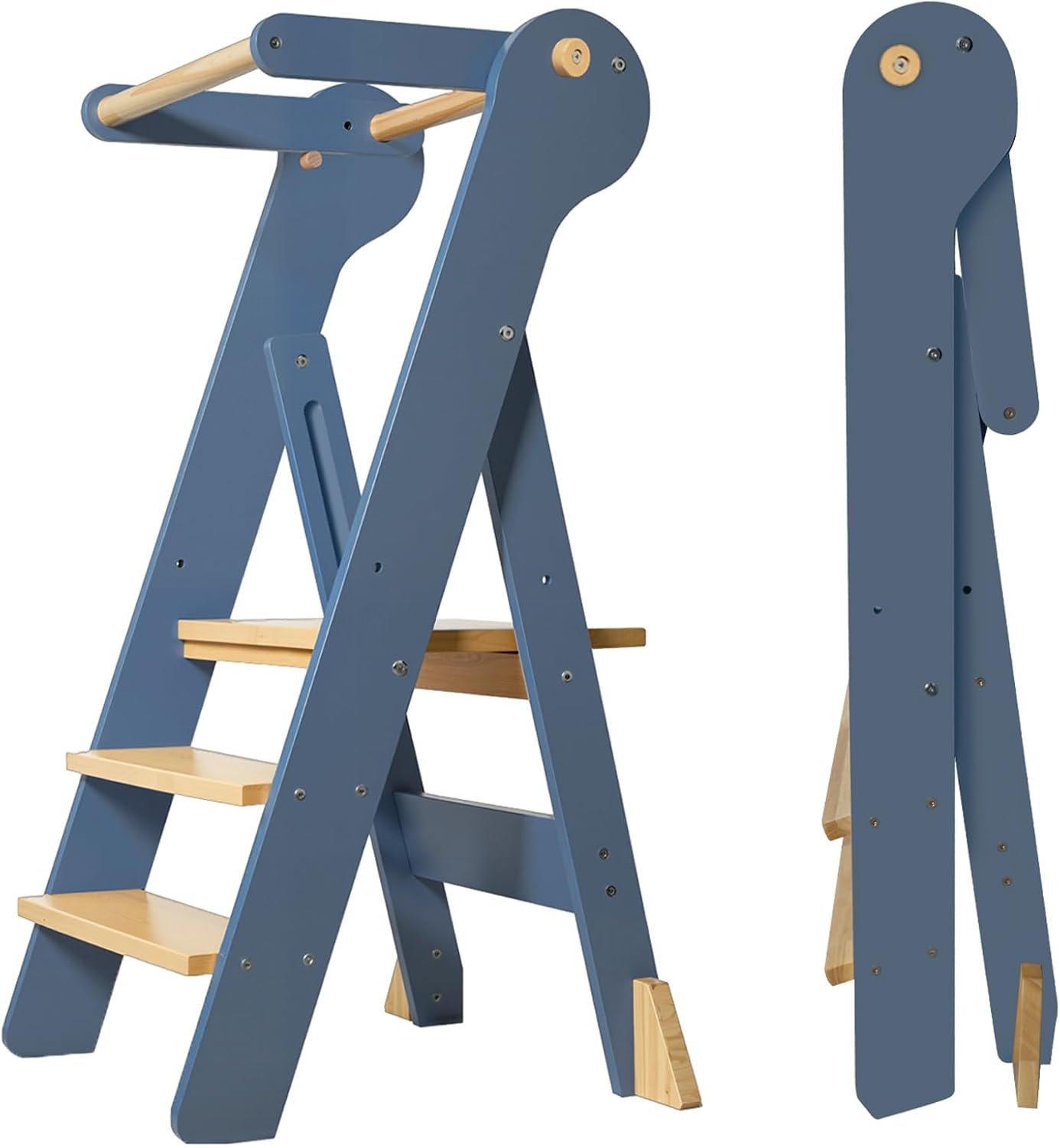 Foldable Toddler Tower, Kids Kitchen Step Stool, Height Adjustable Montessori Toddler Standing Tower with Safety Rail & Anti-Slip Design, Wooden Helper Stool for Ages 1–6 (Blue Gray)