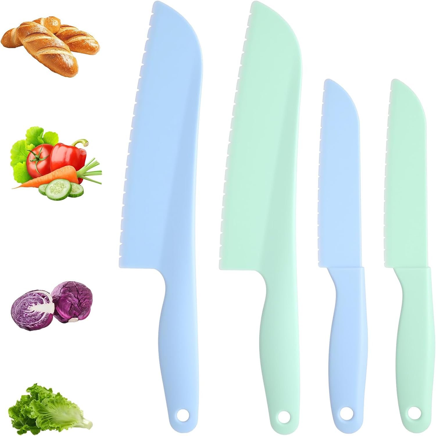 4 Pack Lettuce Knife 11/8.5″ Plastic Cake Knifes to Prevent Browning Serrated Kitchen Cutter for Cutting Fruits, Cakes and Bread Dishwashable Safe for Kids Nylon Cutters for Nonstick Pans(Blue& Green)