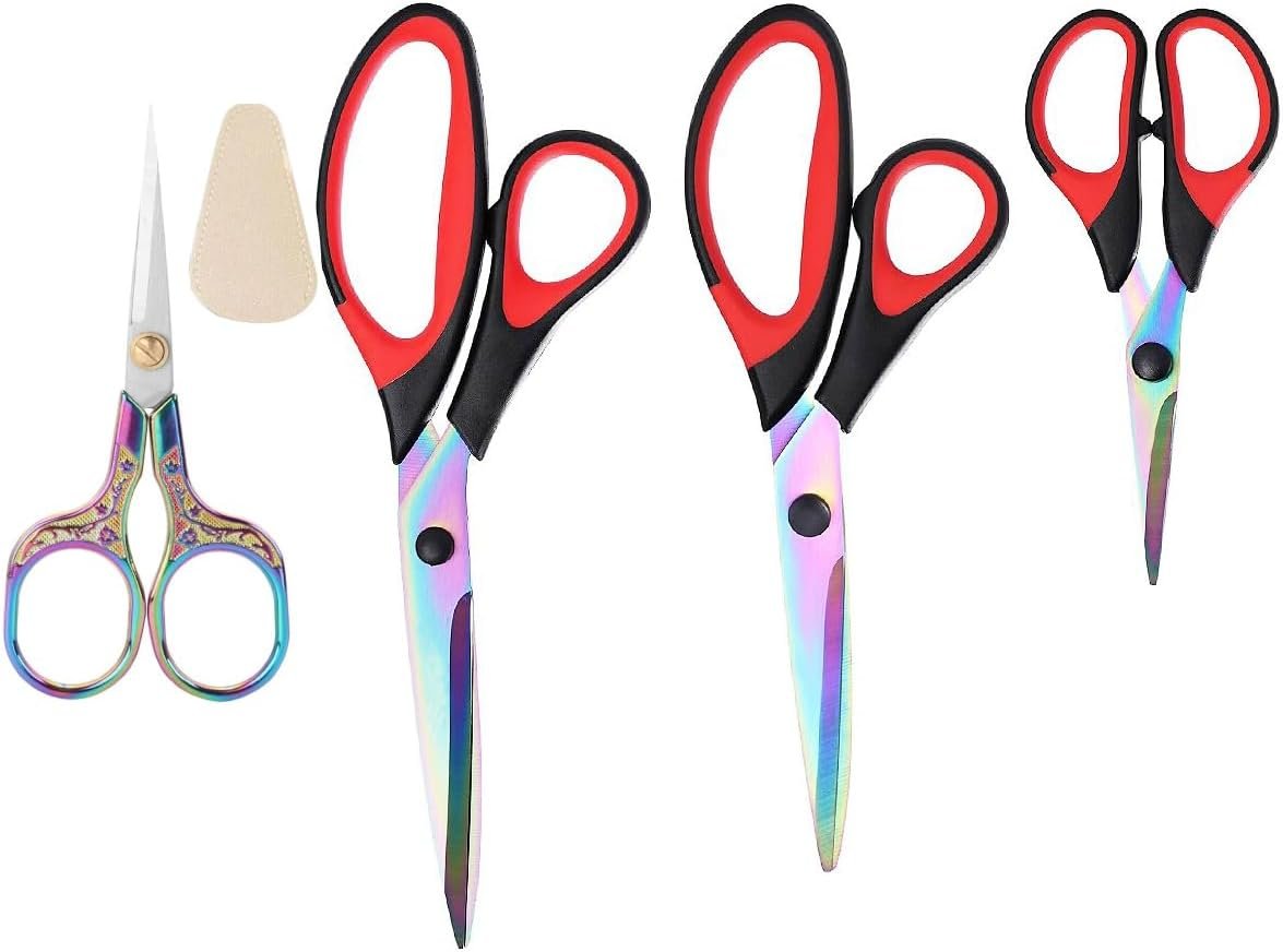 Titanium Coating Sewing Scissors Bundle, Professional Fabric Scissors Set, Ultra-Sharp Stainless Steel Blades, Ergonomic Handle, Great for Tailor, Embroidery, Craft (Red)