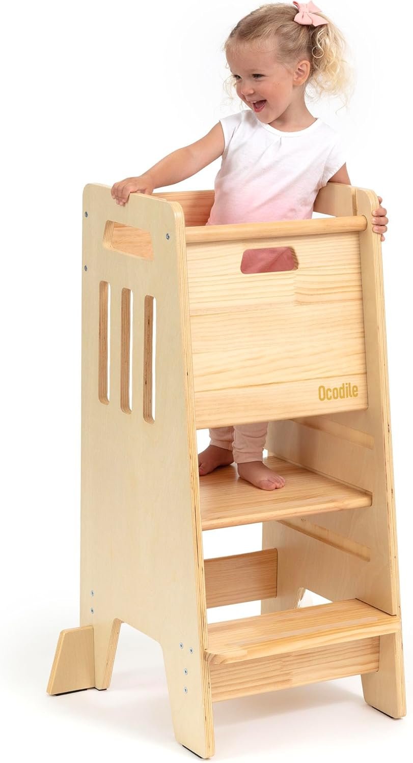 OCODILE Toddler Tower with a Sliding Door and 3 Adjustable Heights – Safe Toddler Kitchen Stool Helper with Support Feet – Updated Design for 18+ Months to 6-Year-Old Kids – Varnished