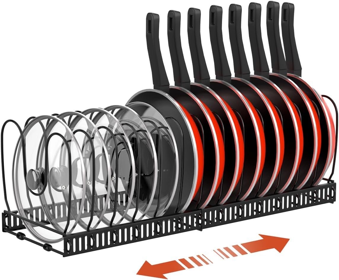 Housolution Pot and Pan Organizer Rack for Cabinet, Expandable Pot Lid Organizer Holder with 14 Adjustable Dividers, Fully Expanded Size 22.83″ W x 7.09″ D x 7.09″ H, Black