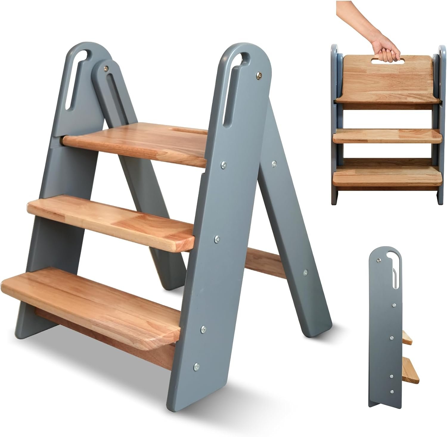 Wooden Step Stool for Toddler, Foldable 3 Step Stool for Bathroom Sink, Toilet Potty Training Stool with Handles, Child Kitchen Counter Stool Helper Wooden Ladder for Toddlers (Grey)