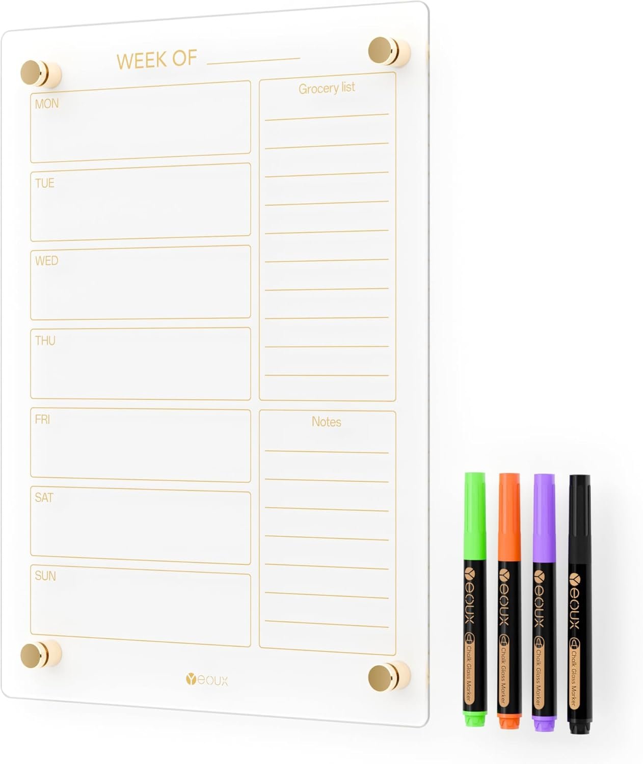 Clear Glass Weekly Dry Erase Calendar & Menu Non-Magnetic Whiteboard for Wall, Meal Plan & Grocery List White Board for Kitchen, 15×11, 7 Days Home Planner, 4 Wet Erase Markers Included, Yeoux