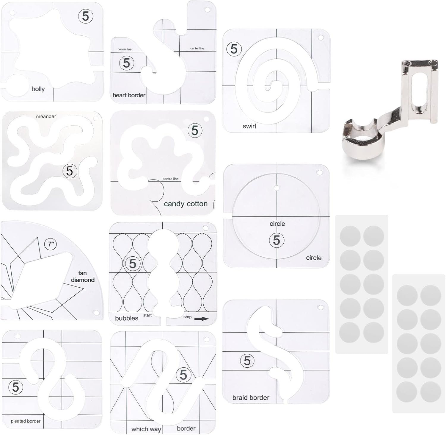 14 PCs Free Motion Quilting Template Set Includes 11 Quilting Templates 3mm/0.12in, High Shank Ruler Foot, Non-Slip Grips, Free Motion Quilting Rulers and Templates for DIY Quilting on Sewing Machine