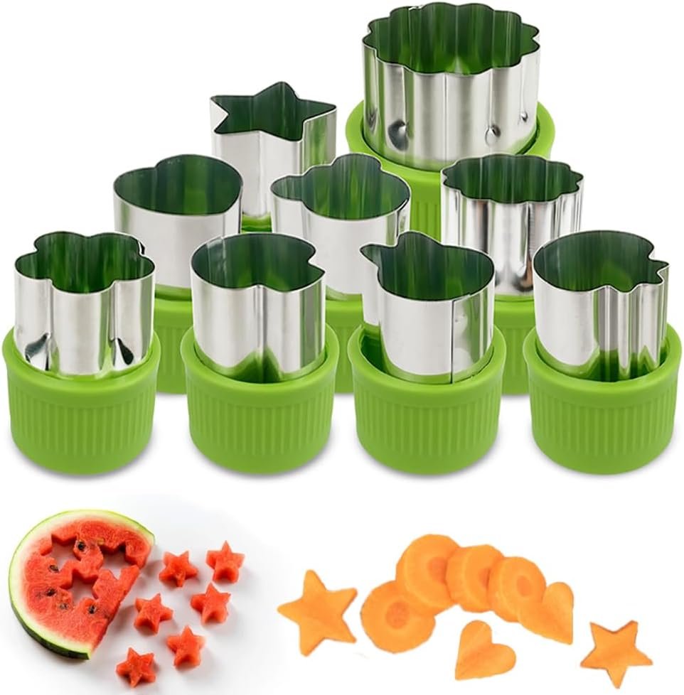 Fruit and Vegetable Cutter Stamp Set 9 Pieces – Love Heart, Star, Flower, Rabbit, Bear, Strawberry, Lace, Mushroom Shapes – Green Mini Pie Cookie Biscuit Mold for Baking