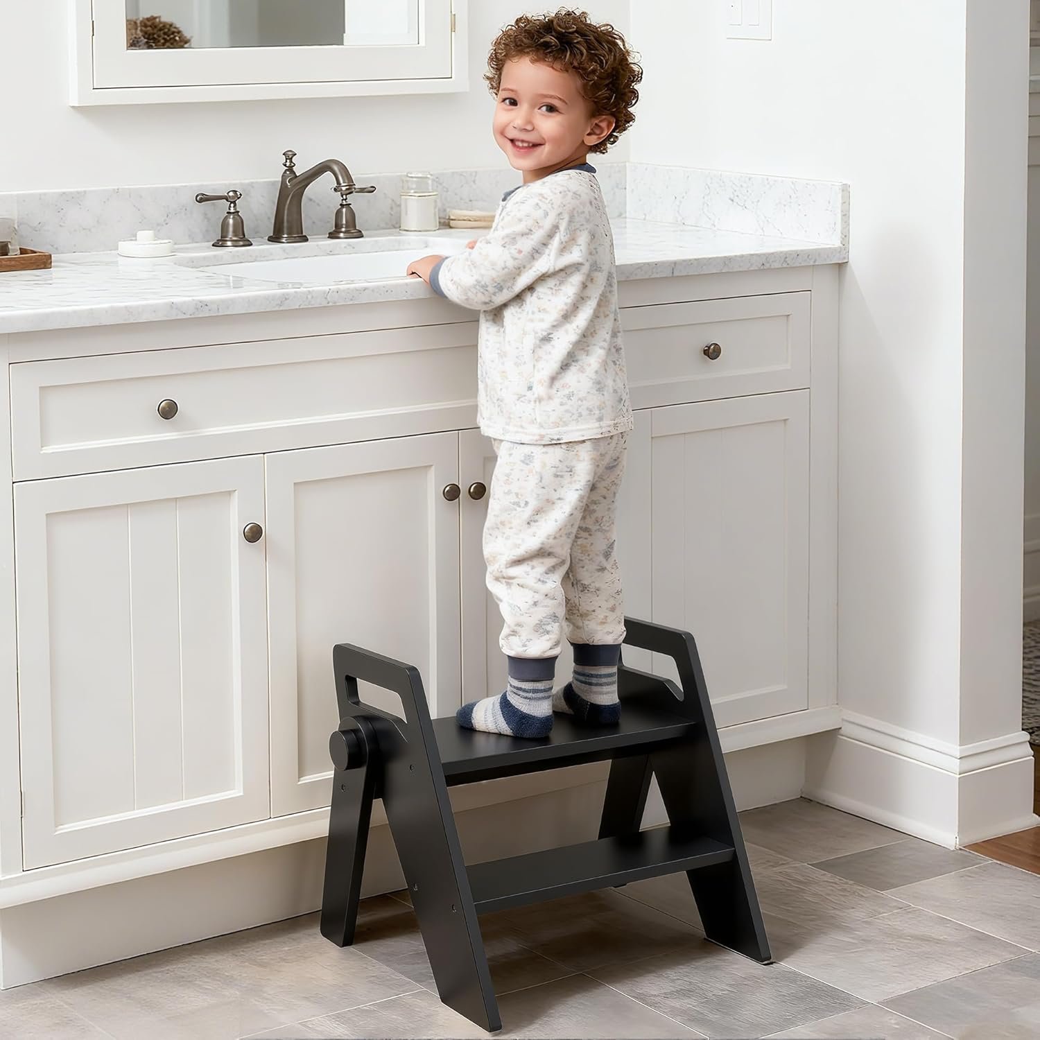 HOMEKOL Toddler Kids Step Stool: Wooden 2 Step Stool for Bathroom Sink Kitchen Potting Training, Foldable with Side Handles, 300 lbs Capacity, Non-Slip A-Frame, Black