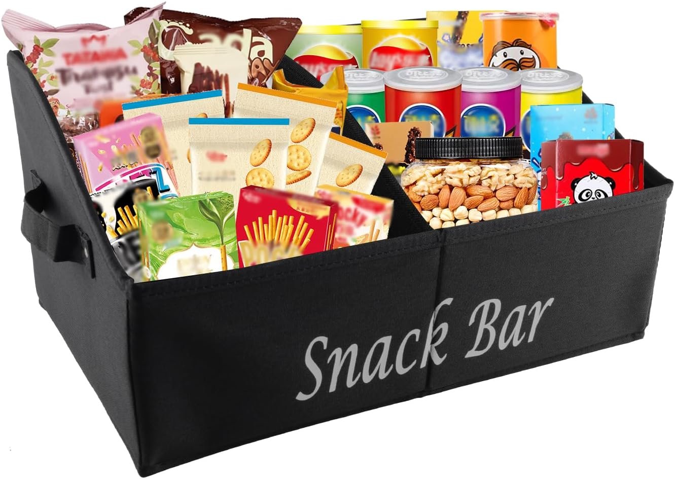 Snack Organizer for Countertop, Fabric Snack Organizer with Handles, 2 Large Compartment Snack Container Snack Basket, Snack Bar Station Decor, Kitchen Pantry Organizer and Storage, Black