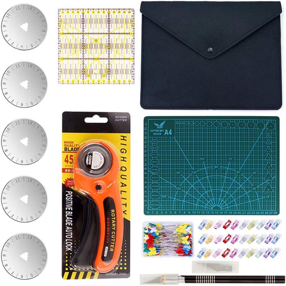 Swiftrans 90 PCS Rotary Cutter Kit, 45mm Rotary Cutter Tool Kit with 5 Extra Blades, A4 Cutting Mat, Patchwork Ruler, Carving Knife, Storage Bag Ideal Craft Supplies Set for Fabric Sewing and Quilting