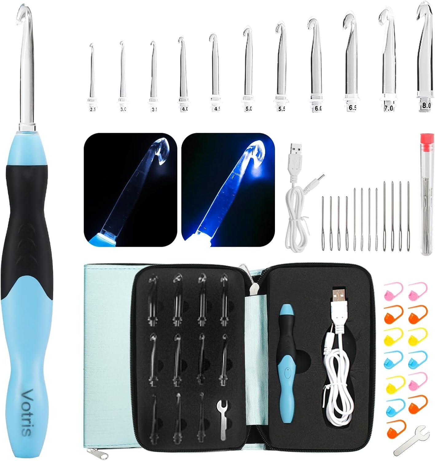 Votris Light up Crochet Hook Set – 11 in 1 Lighted Crochet Hook Set for Beginners, Ergonomic Soft Grip, Rechargeable Light, Interchangeable Heads – Ideal Crochet Hooks Kit