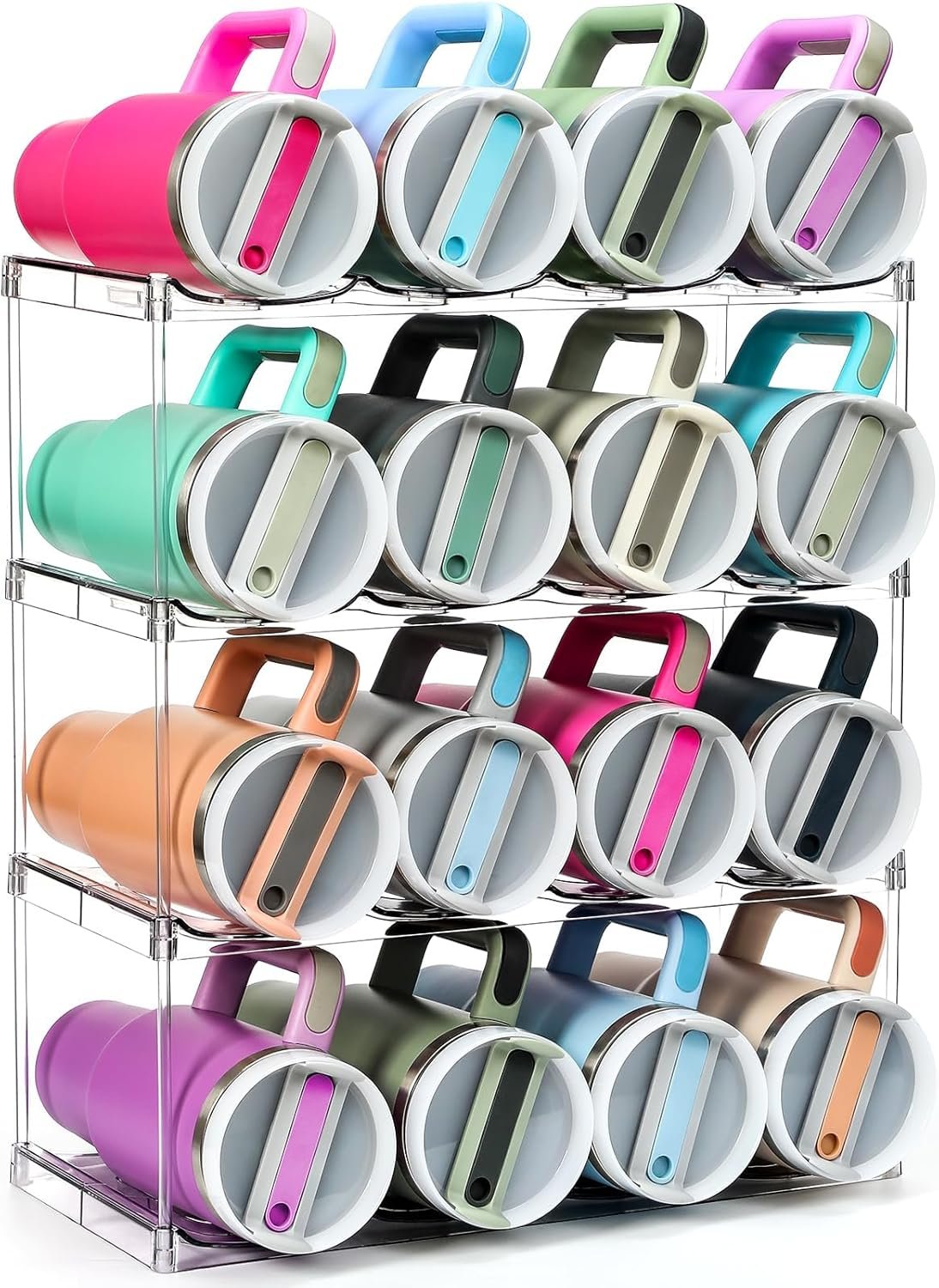 Design for Stanley 40 OZ & Large Bottles & Tumblers with Handle – Acrylic Water Bottle Organizer – Stackable Clear Wine Rack Cup Holder for Home Kitchen Pantry Shelf Countertop Cabinet, 4 Tier Hold 16