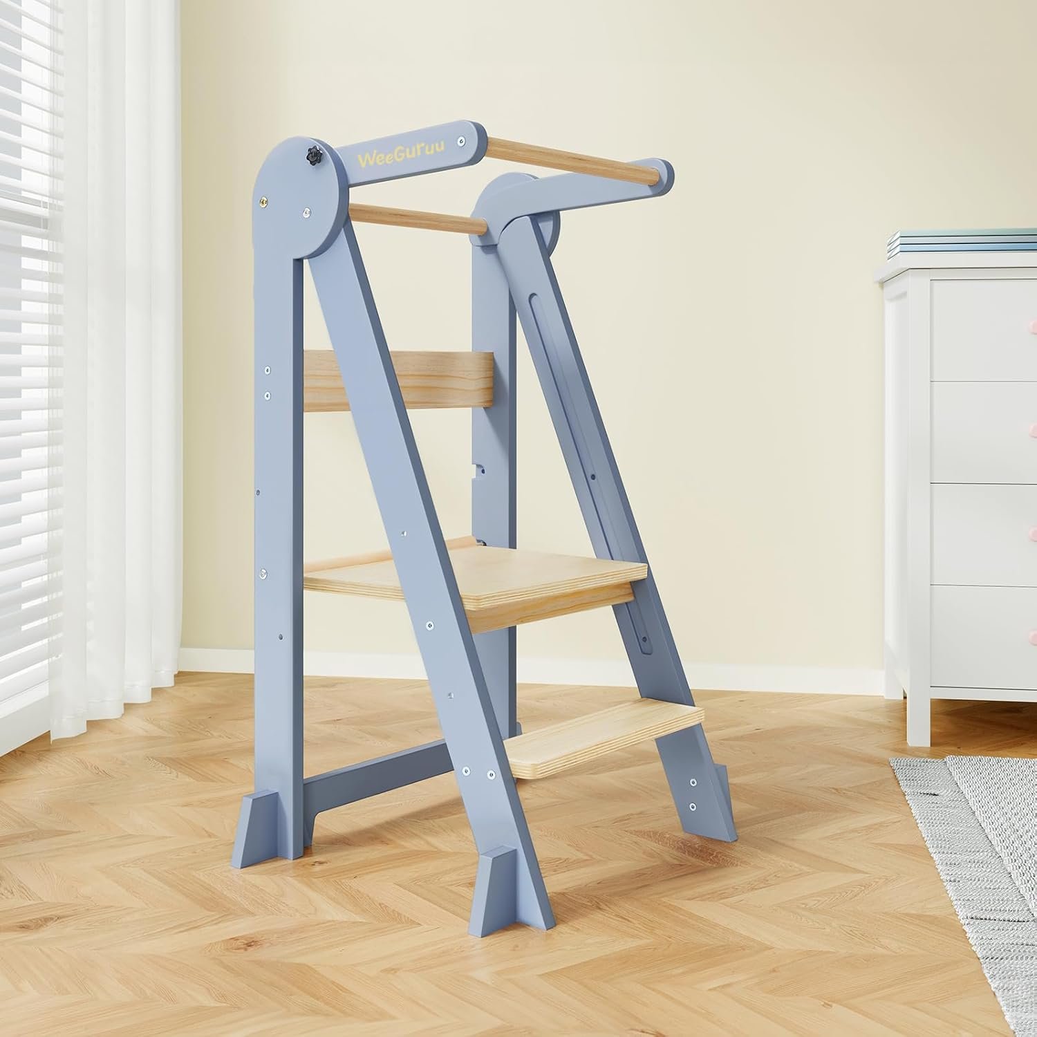 Foldable Toddler Standing Tower, Height Adjustable Kitchen Tower with Safety Rails and Anti-Slip Device, Wooden Kids Kitchen Stool Helper for Ages 18 Months to 6 Years – Blue Grey