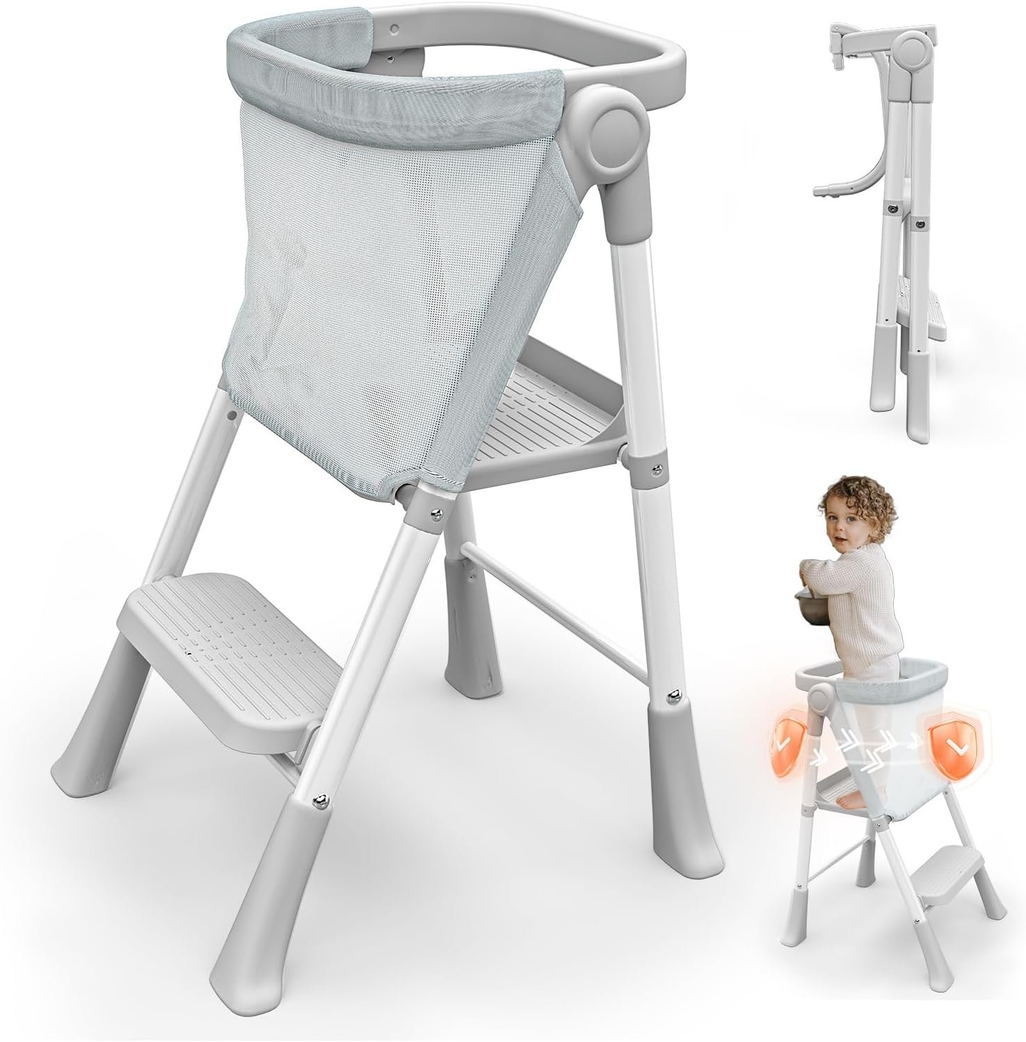 Toddler Step Stool Foldable, Kids Step Stools for Kitchen Counter, Foster Independence Learning Stool with Safety Guards&Net, Toddler Sturdy Standing Tower Kitchen Helper, Grey
