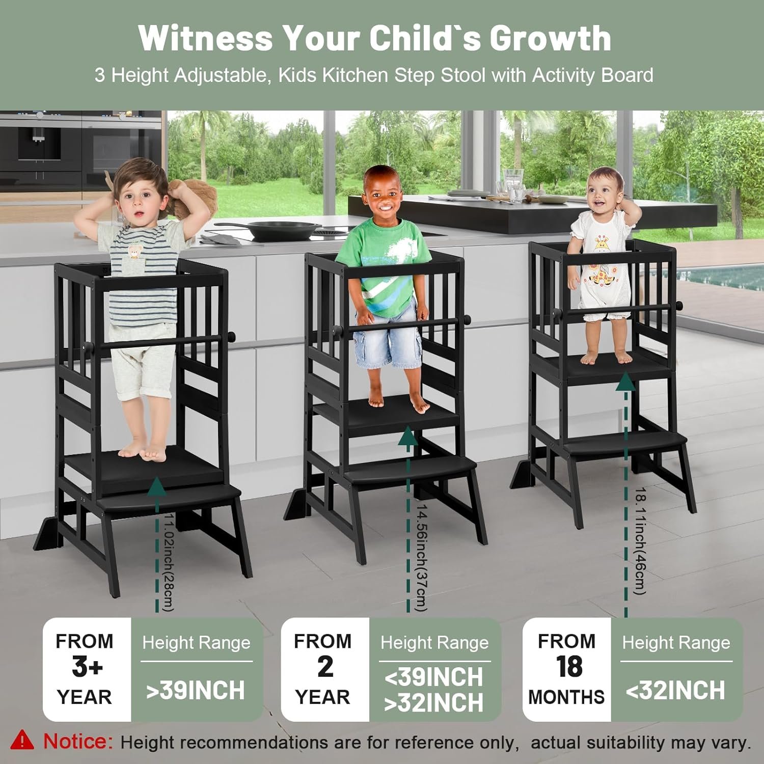 COSYLAND Toddler Standing Tower – Adjustable Height Toddler Kitchen Stool Helper – Kids Kitchen Step Stool for Learning with Removable Safety Railing Black