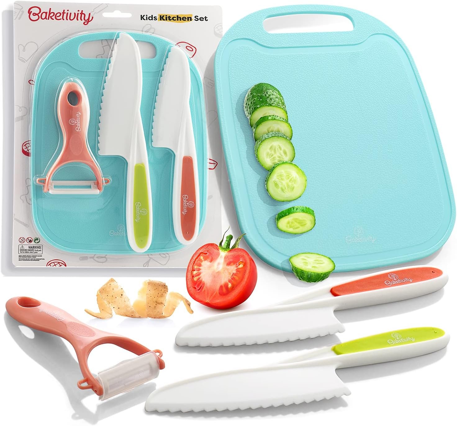 Baketivity Kid Safe Plastic Knives for Real Cooking with Cutting Board, Peeler for Kitchen – Knife Set with Blunt Tip, Dishwasher Safe, BPA Free Kids Knives for Cutting