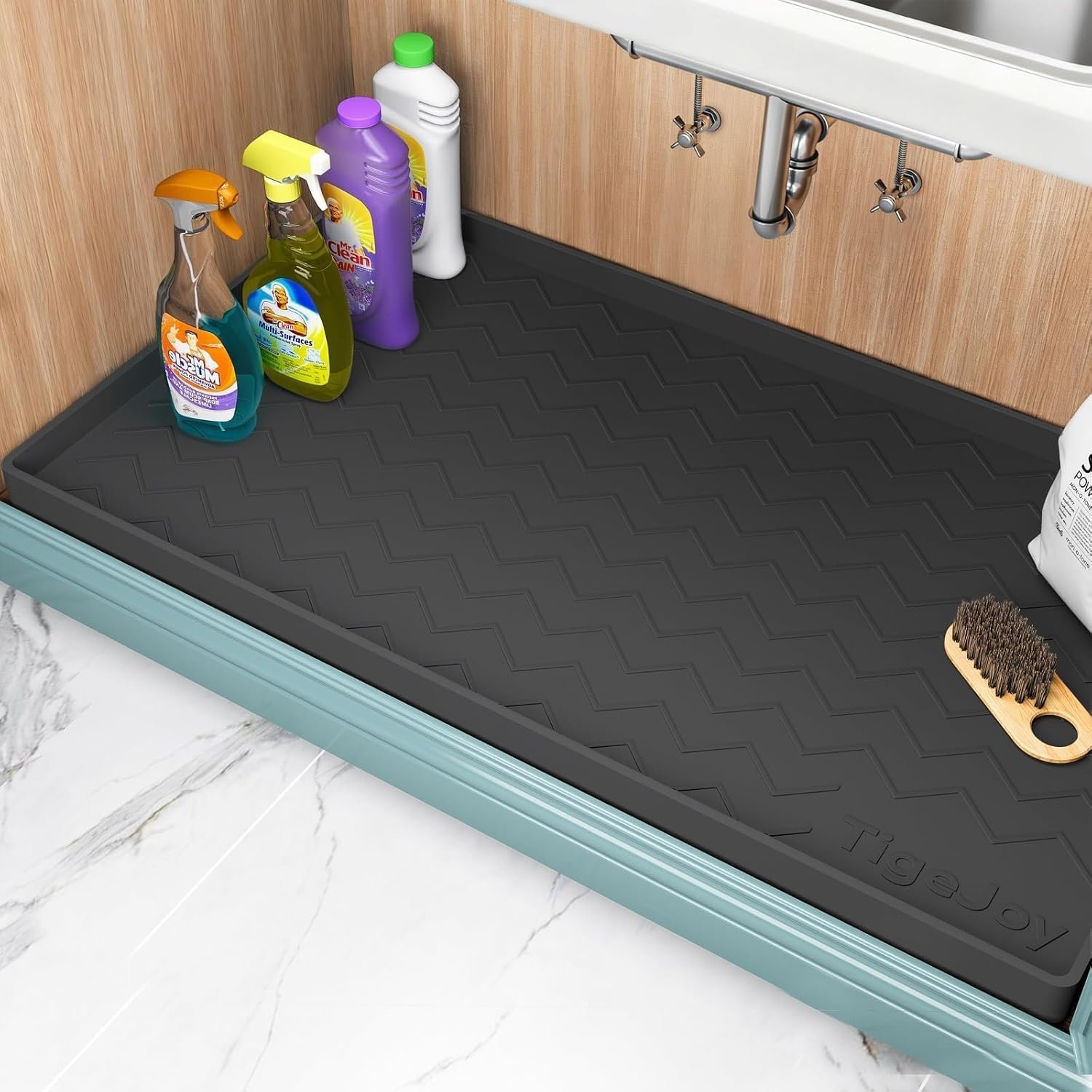 TigeJoy 25″ x 22″ Under Sink Mat for Kitchen – Waterproof Silicone Cabinet Protector, Leak-Proof Liner with Raised Edges, Non-Slip Under Sink Organizer Tray for Cabinets, Boot Tray, Pet Feeding Mat